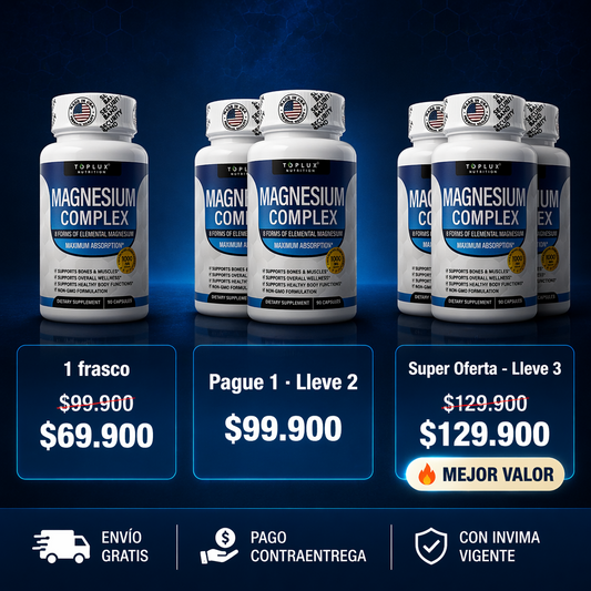 Magnesium Complex Toplux · 8 formas de magnesio elemental con INVIMA